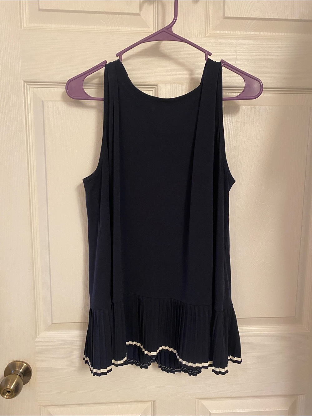 The Limited Navy Sleeveless Tank with Pleated Hem and White Trim